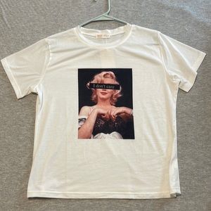 White ROMWE graphic t-shirt with Marilyn Monroe I don’t care on it